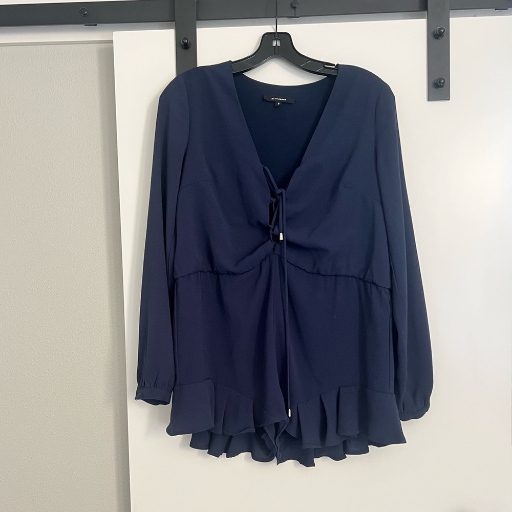 Olivaceous Long Sleeve Pleated Romper Shorts in Navy Blue